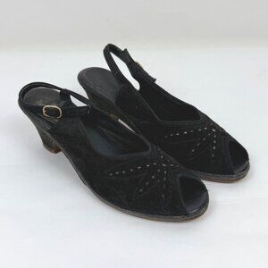 Vintage 1940's Women's Black Suede Peep-Toe Slingback Shoes Heels Size 8?